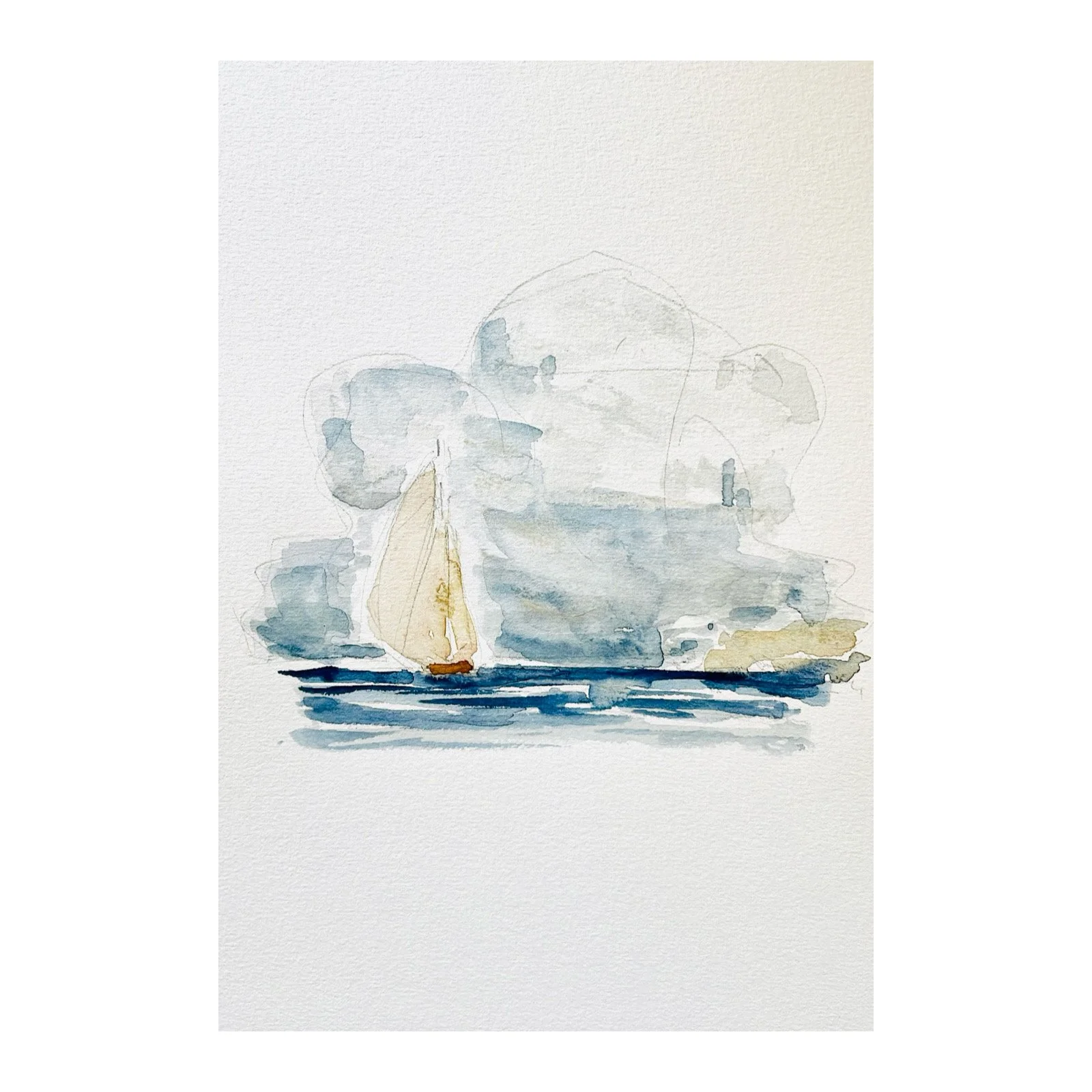 Une peinture aquarelle d'un voilier naviguant en mer avec un ciel nuageux en arrière-plan.