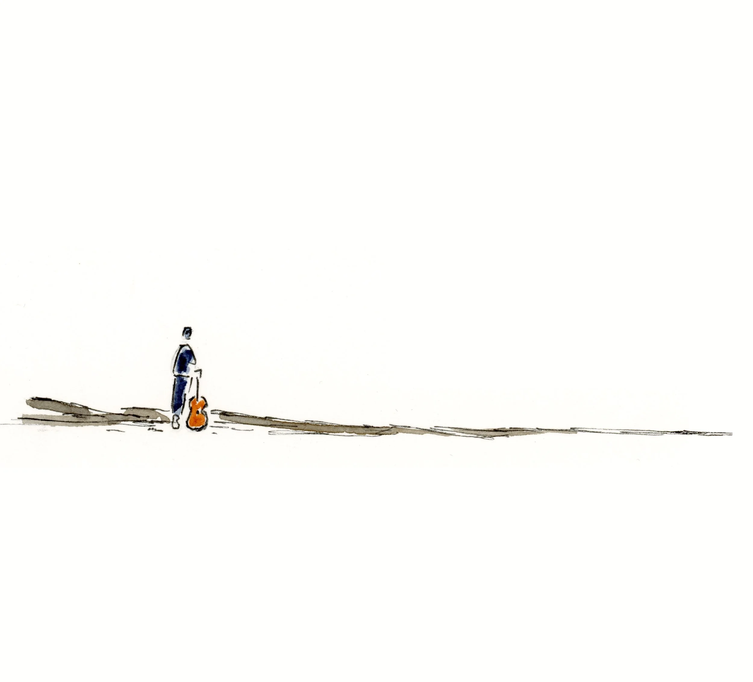 Illustration minimaliste d'une personne vue de dos marchant sur une ligne droite, accompagnée de deux sacs ou objets, sous un ciel blanc. Style simple et esquissé.