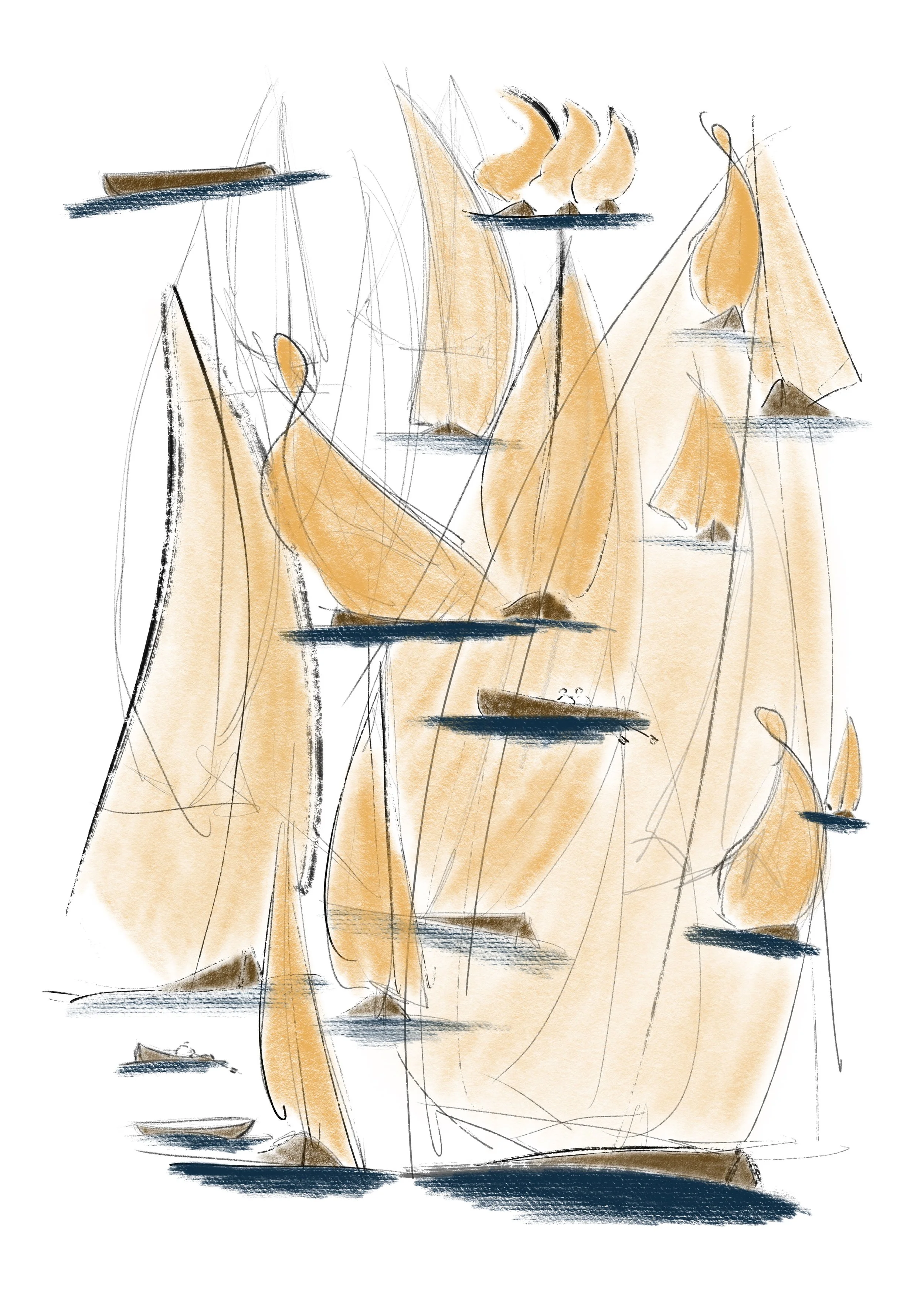 Croquis artistique de silhouettes de personnes sur un bateau, avec des détails minimalistes et des couleurs ton sur ton, principalement des nuances de beige et de bleu.