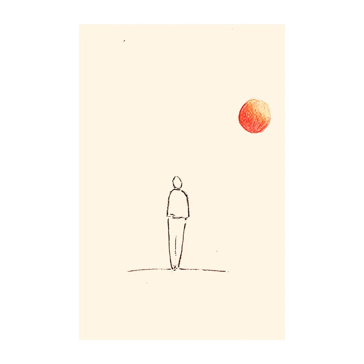 Un dessin simple d'une personne regardant vers un cercle rouge, qui ressemble à une planète ou une étoile, dans un ciel clair.
