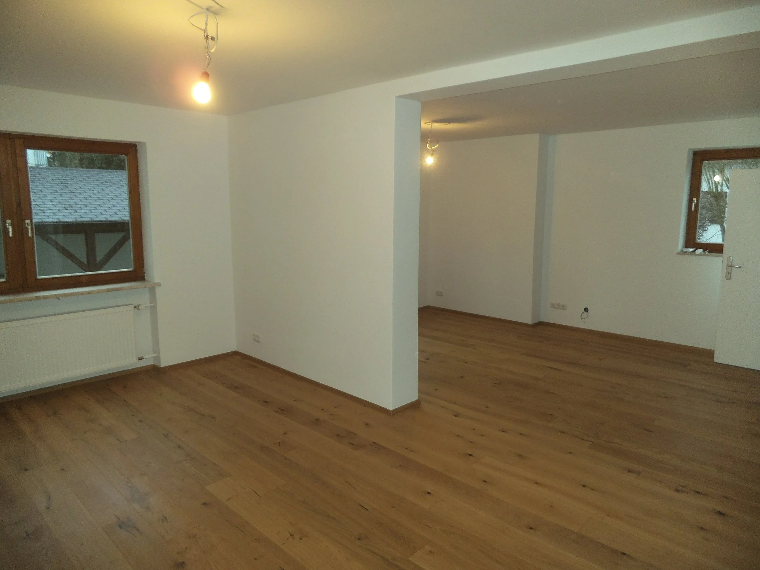 Empty living room with hardwood floors, white walls, two windows, and ceiling lights.