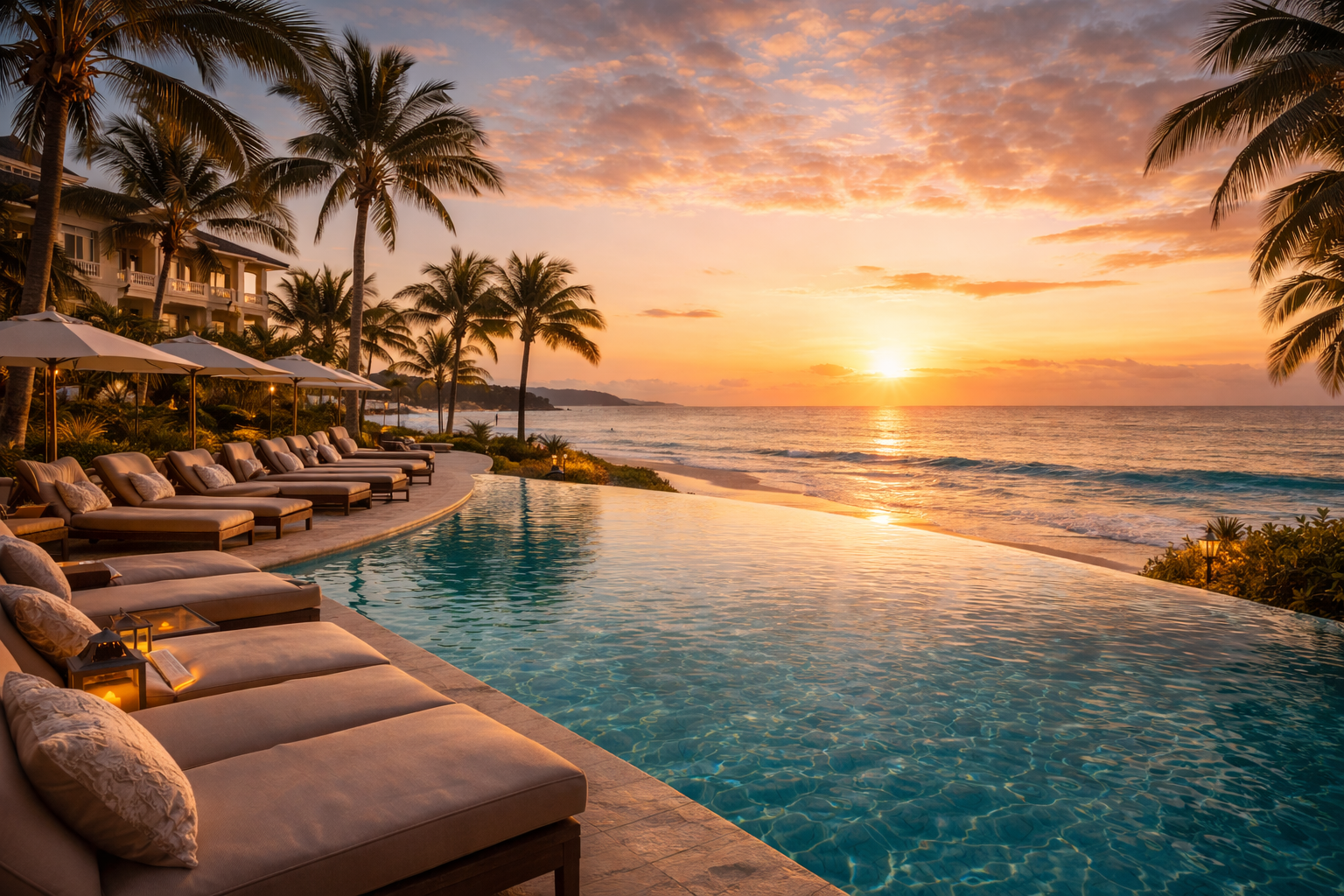 Oceanfront ultra-luxury resort with infinity pool and sunset views, representing premium leisure destinations and high-value hotel assets