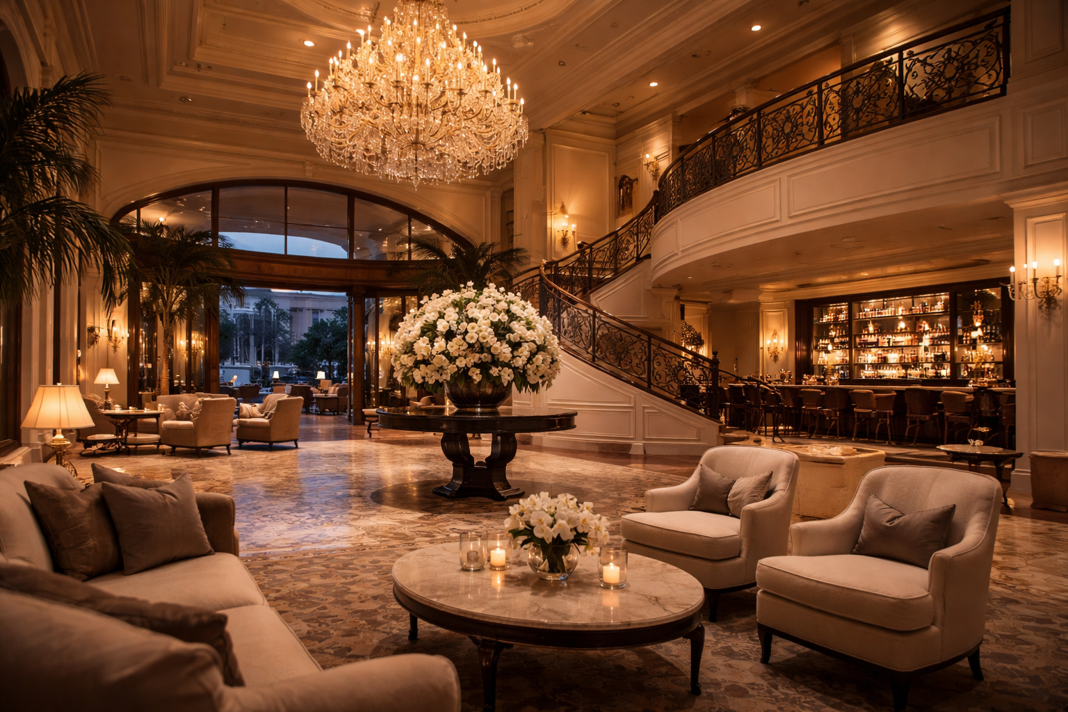 Ultra-luxury hotel lobby with marble finishes, chandelier lighting, and refined seating, reflecting high-end hospitality design and operational quality