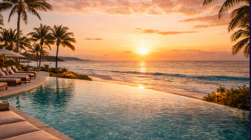 Example of Akoya Hospitality's Quality - Sunset over the ocean viewed from an ultra luxury resort with palm trees and a swimming pool in the foreground.