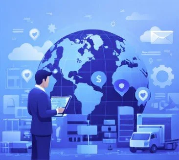 Business person using a tablet with a digital world map background featuring various icons related to technology, communication, and logistics.