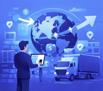 A businessman using a tablet in front of a digital globe with global shipping and logistics icons, a truck, and upward arrows indicating growth.