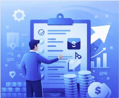 Digital illustration of a man in a suit interacting with business and finance icons on a large clipboard, including a dollar sign, coins, and graphs, in a blue color scheme.