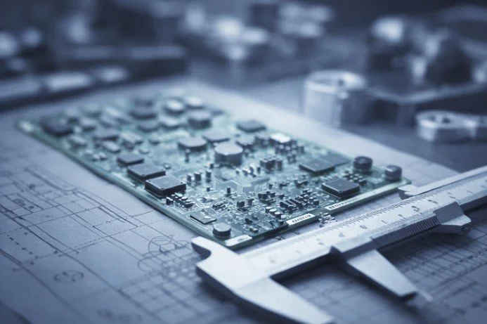 Close-up of a circuit board with electronic components on a technical drawing, with a caliper measuring it.