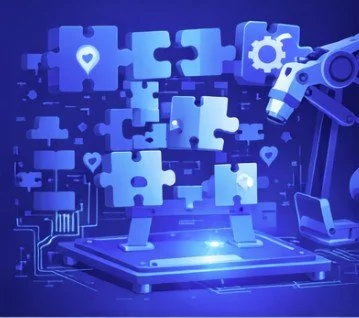 Digital illustration of a robotic arm assembling puzzle pieces with icons like a heart, location pin, and gear, on a futuristic blue tech background.