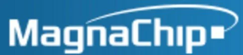 Magnachip logo with white text and curved swoosh on blue background
