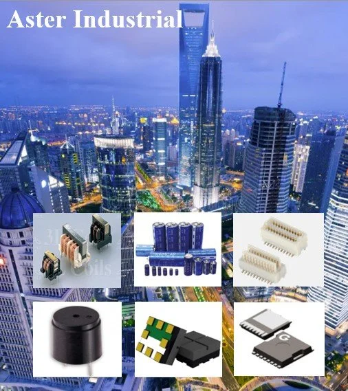 A city skyline at dusk with several modern skyscrapers, including the tallest building with a distinctive top. Overlaid with images of electronic components such as relays, capacitors, connectors, a coil, a microchip, and a memory card, and the text 'Aster Industrial' in the upper left corner.