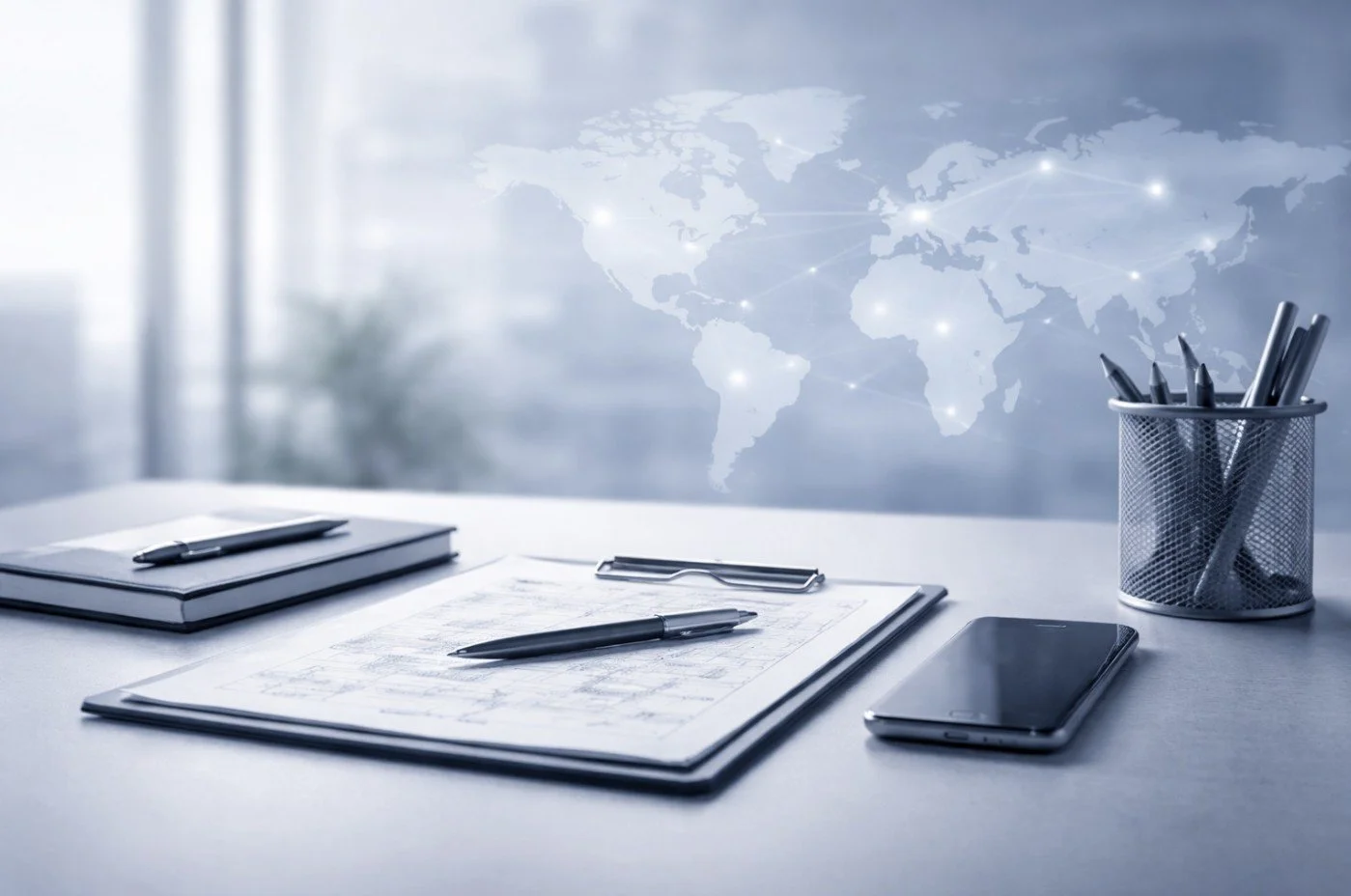 Office desk with notebooks, pens, tablet, and a world map with connecting lines projected on the window in the background.