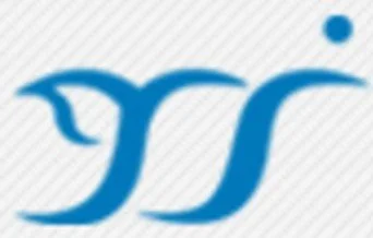 Blue logo with stylized letters and a small circle above