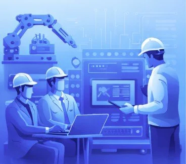 Engineers in safety helmets and lab coats reviewing data and diagrams on a large screen, with a robotic arm in the background in a high-tech manufacturing or research facility.