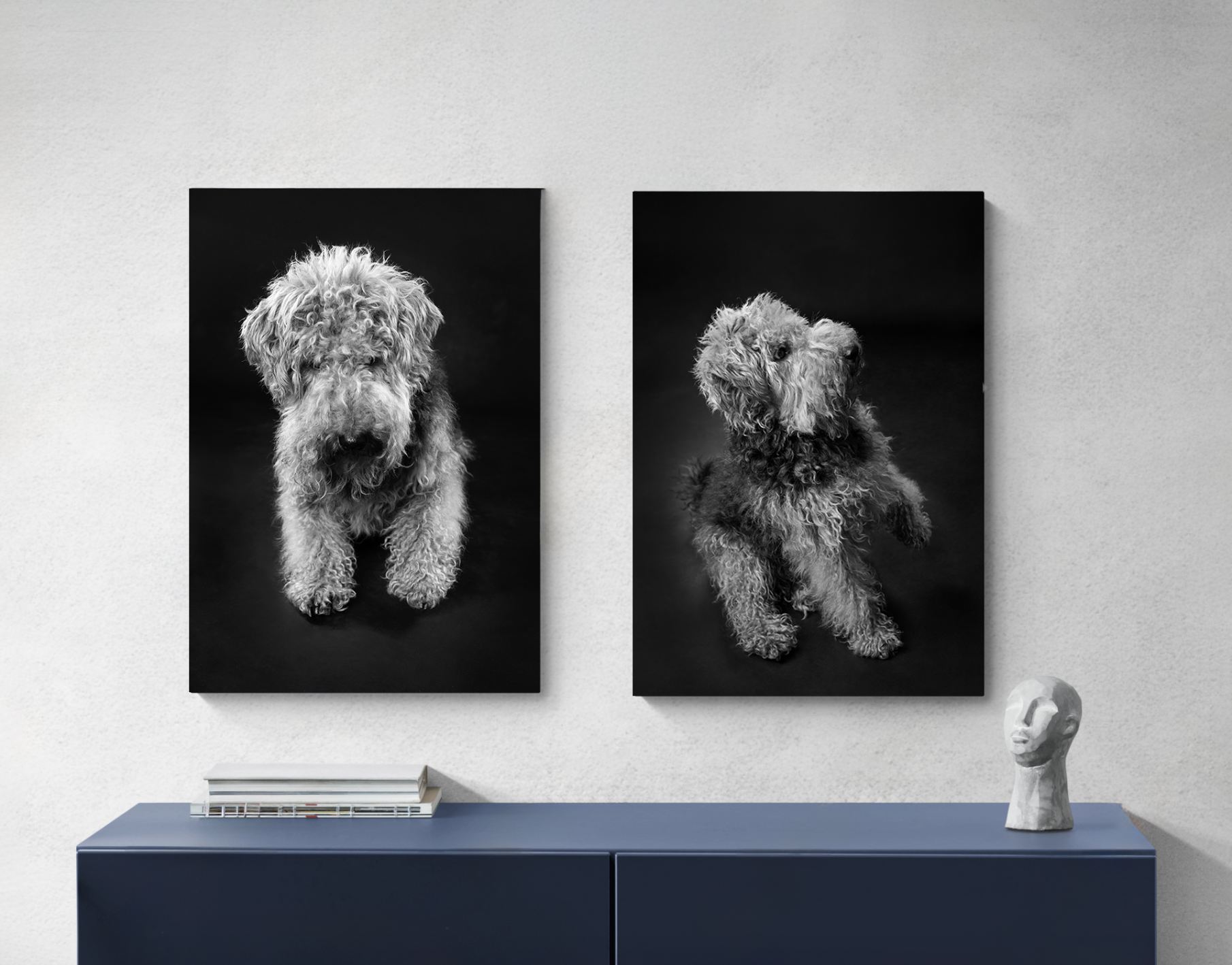 Two black and white photographs of dogs are hanging on a white wall above a blue cabinet. The left photo shows a dog sitting and looking at the camera with a shaggy coat. The right photo shows a dog sitting and tilting its head, also with a shaggy coat. A small sculpture of a face and a few books are placed on top of the cabinet.