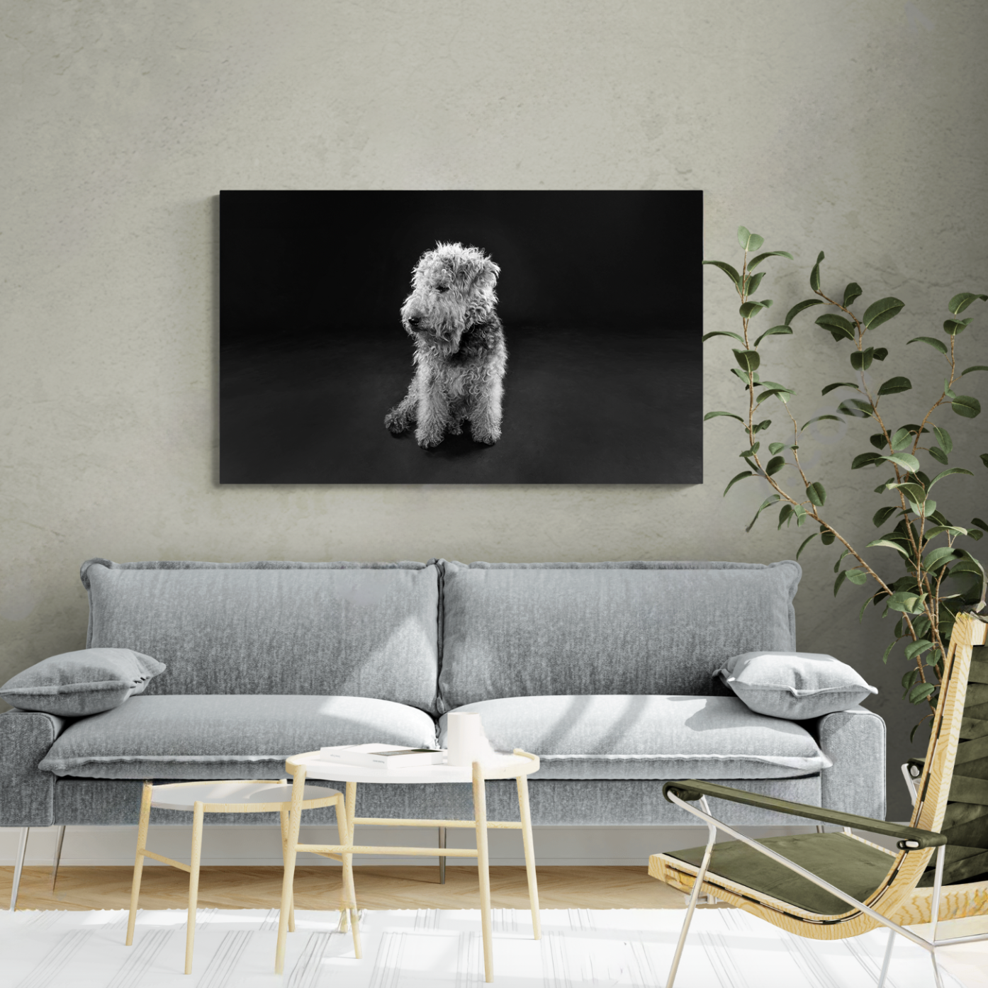 Black and white photograph of a dog sitting on a dark background in a living room with a grey couch, a wooden coffee table, and a plant.