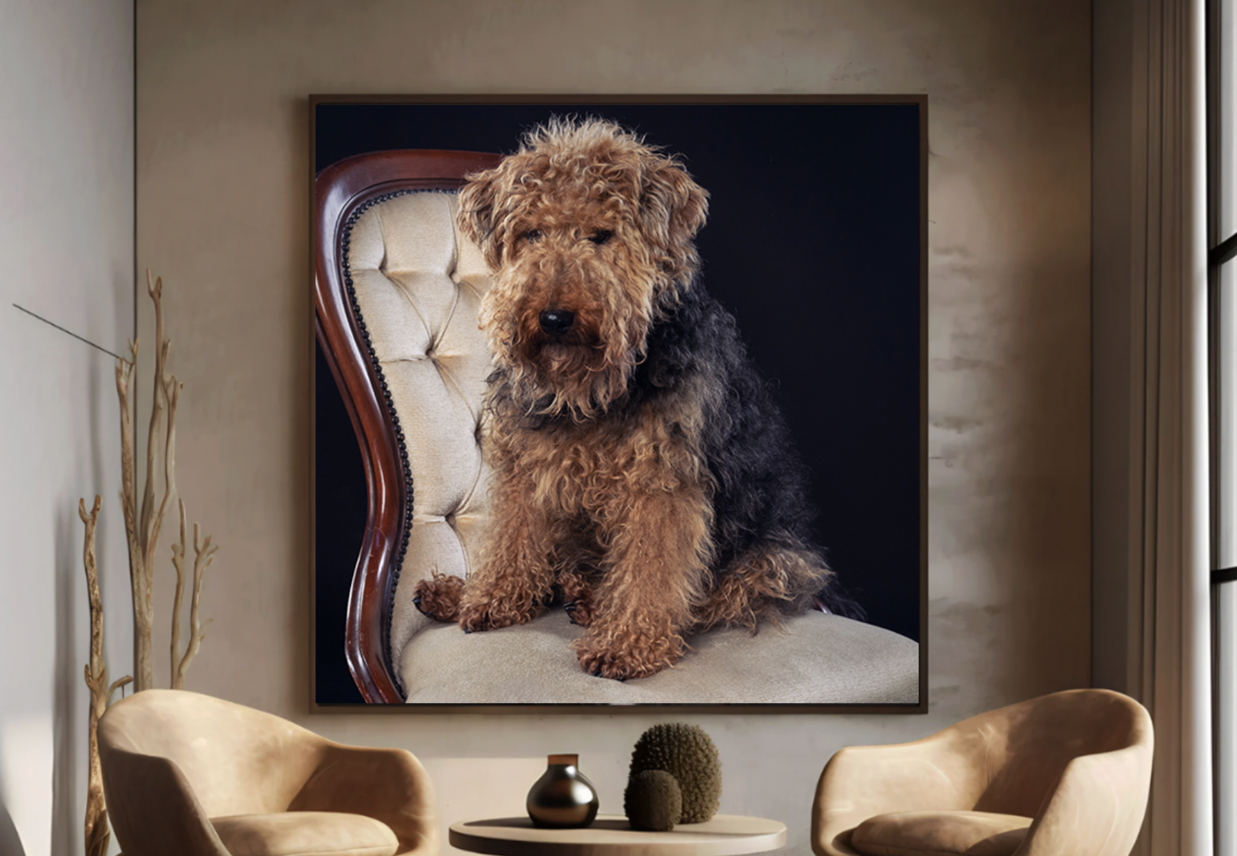 Large framed portrait of a curly-haired dog sitting on an elegant armchair with a dark background, hung on a modern living room wall.