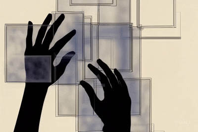 Animated loop of a hand reaching through layered transparent frames, cover image for Rīn (ऋण): Inheritance as Futures Already Bound, an essay on Notes from In Between by Lagori Collective.