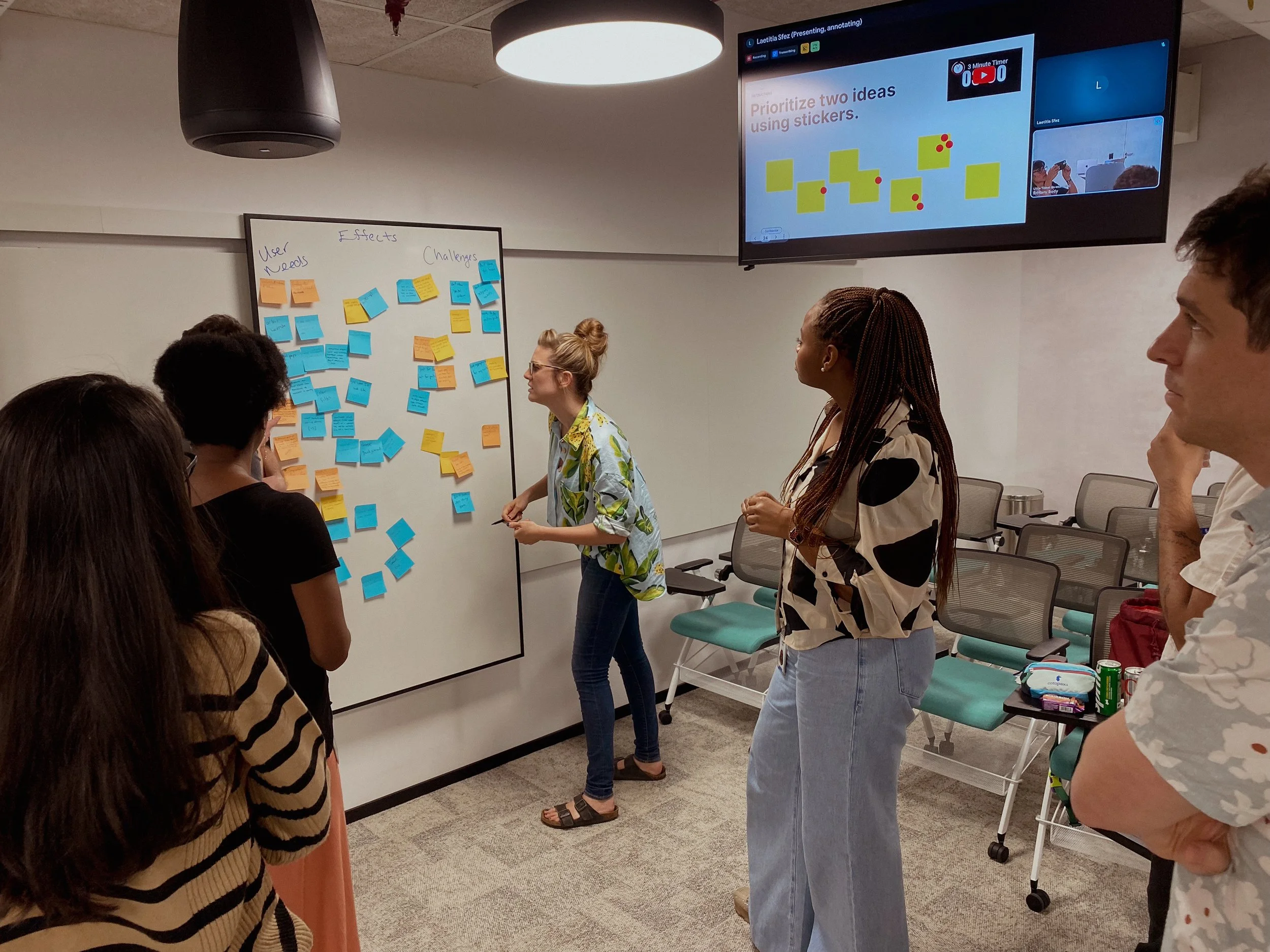 Research team mapping user needs, effects, and challenges on a whiteboard with sticky notes during the Responsible AI project by Lagori Collective with Google, YouTube, and Studio Into on cultural representation in AI-generated imagery.