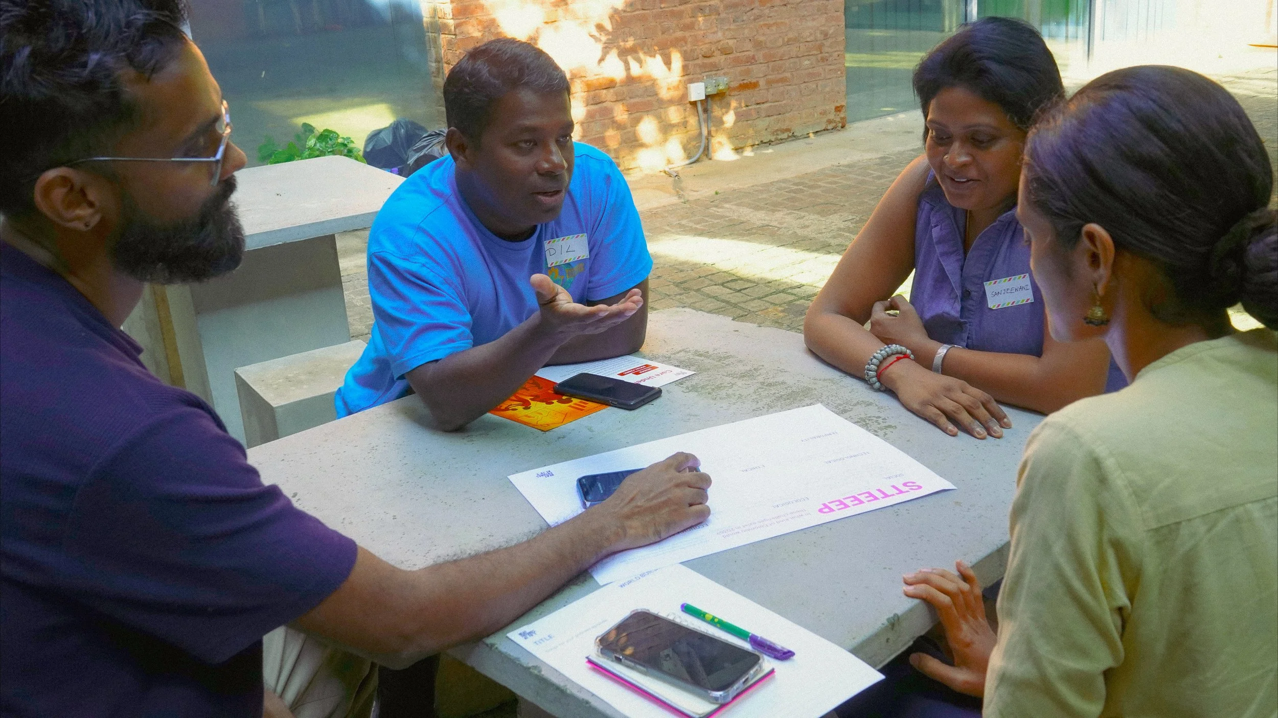 Small group working through futures scenarios using STEEEP framework cards during a Heat Futures at 78°E workshop by Lagori Collective and Good Life X in Colombo, Sri Lanka.