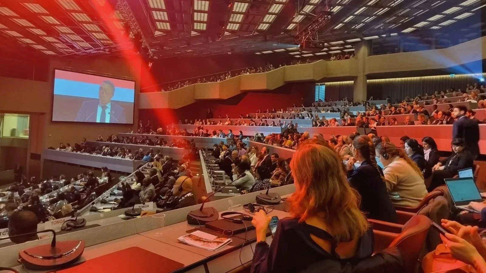 Plenary hall at the 34th International Conference of the Red Cross and Red Crescent in Geneva where Lagori Collective presented Truth Nodes, a speculative design project on resilient information systems for crisis zones.