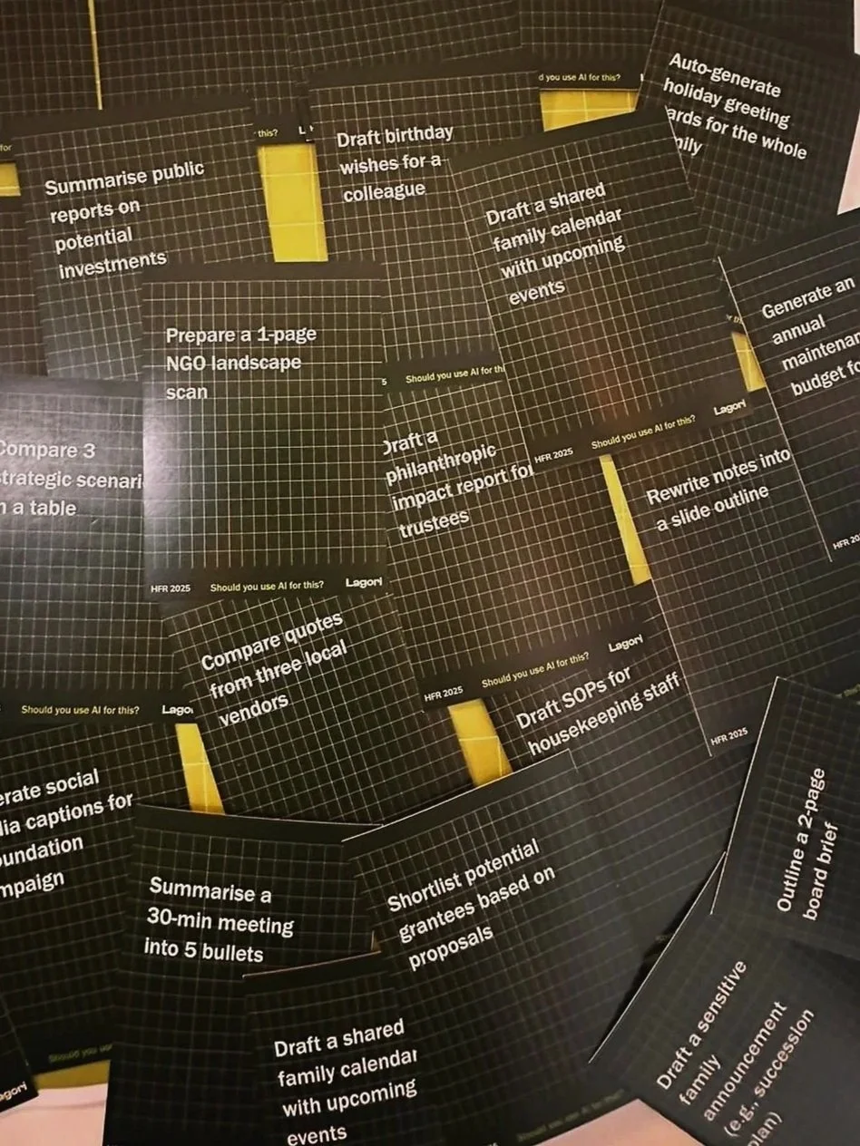 Scenario cards designed by Lagori Collective for the Work. Life. AI. retreat with the Hemas family, prompting deliberation on when and how AI should be used across personal and professional contexts.