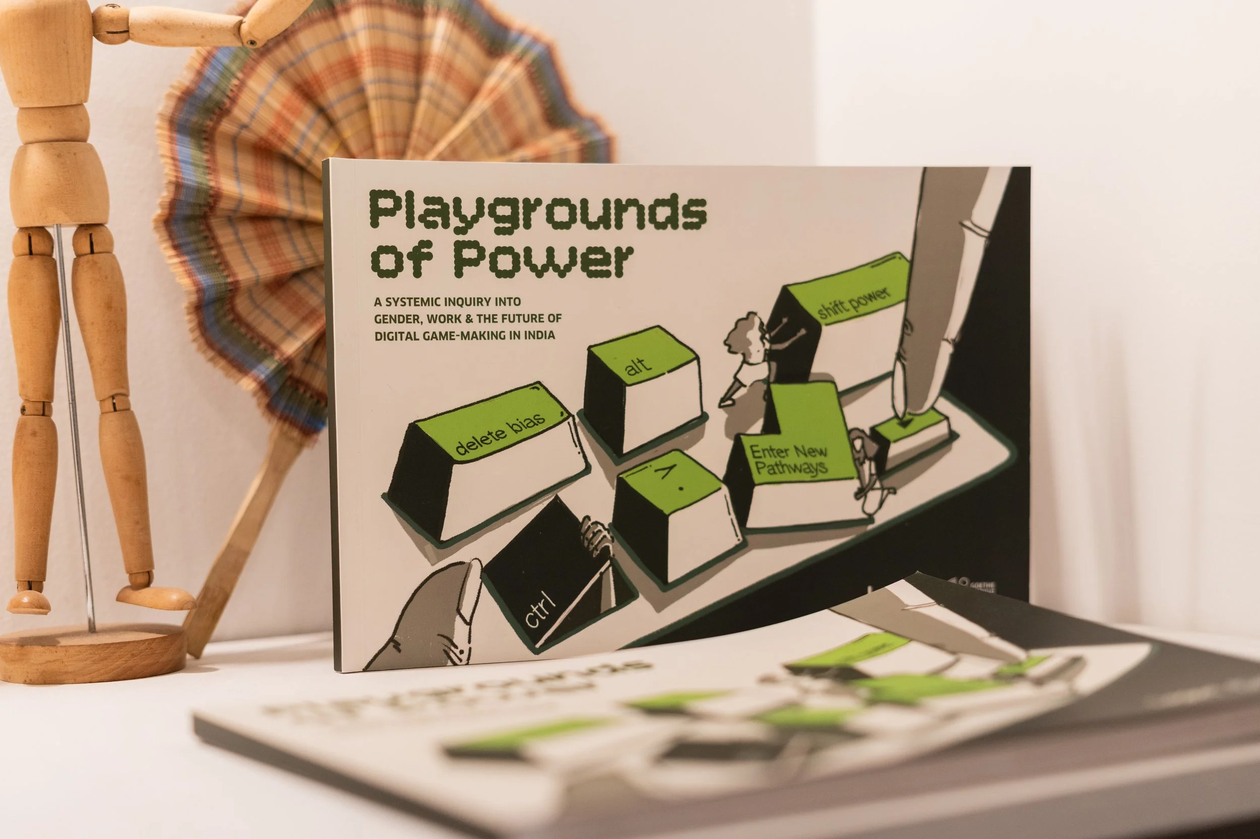 Playgrounds of Power report by Lagori Collective and Goethe-Institut displayed at the exhibition, a systemic inquiry into gender, work, and the future of digital game-making in India.