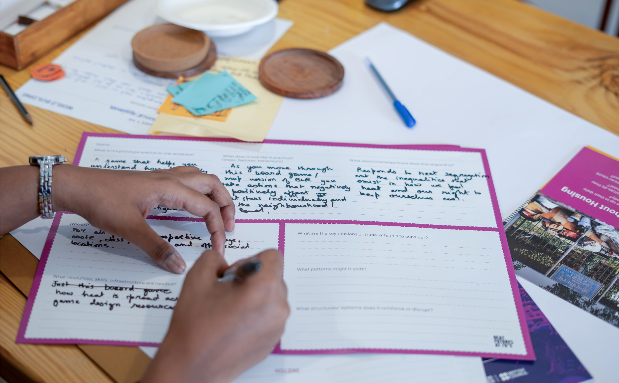 Participant filling in a prototype design card during a Heat Futures at 78°E workshop by Lagori Collective and Good Life X, developing speculative responses to urban heat in South Asia.