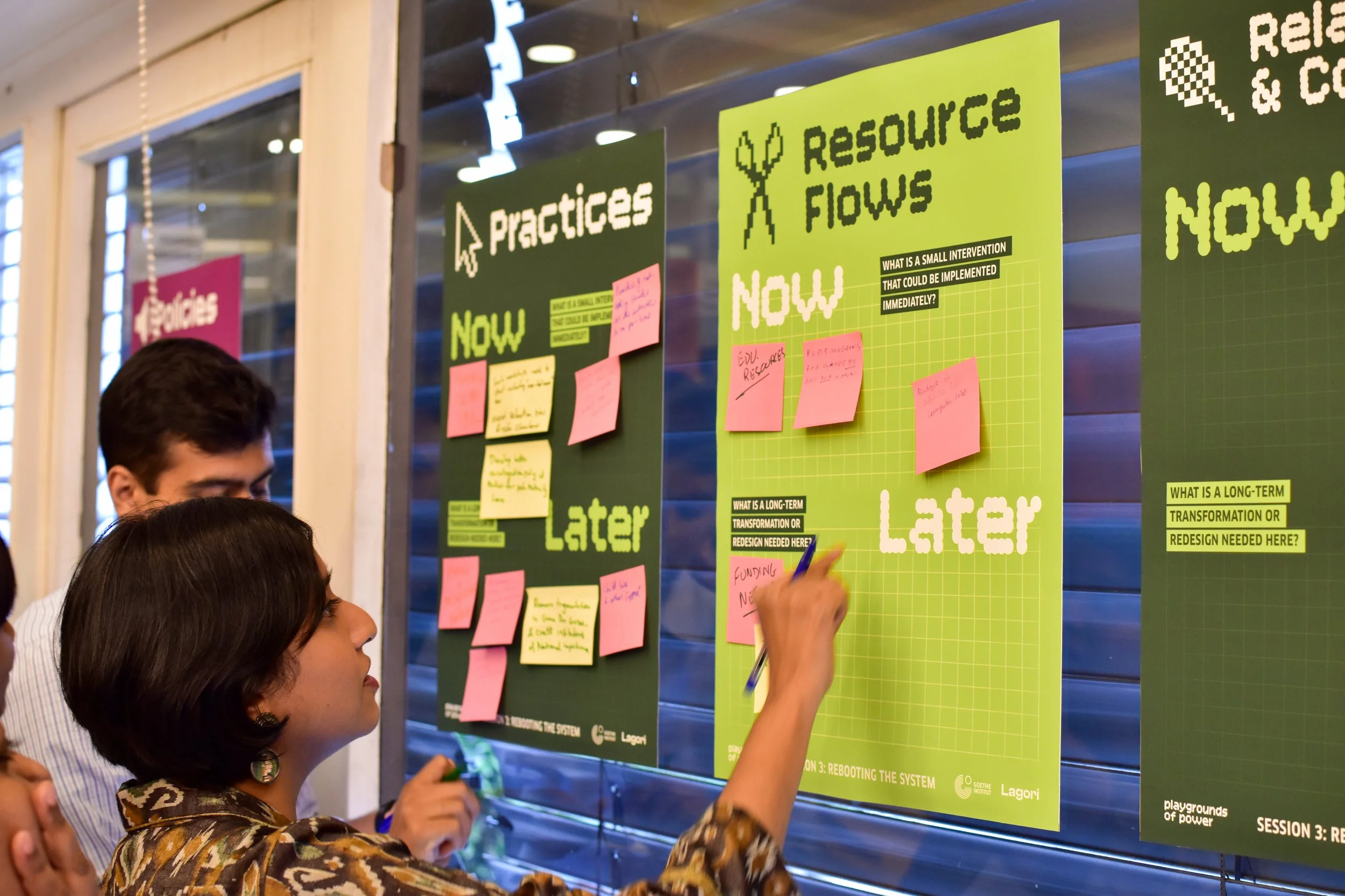 Participants mapping practices and resource flows on a Lagori-designed board during a Playgrounds of Power systems convening on gender equity in India's digital gaming industry.