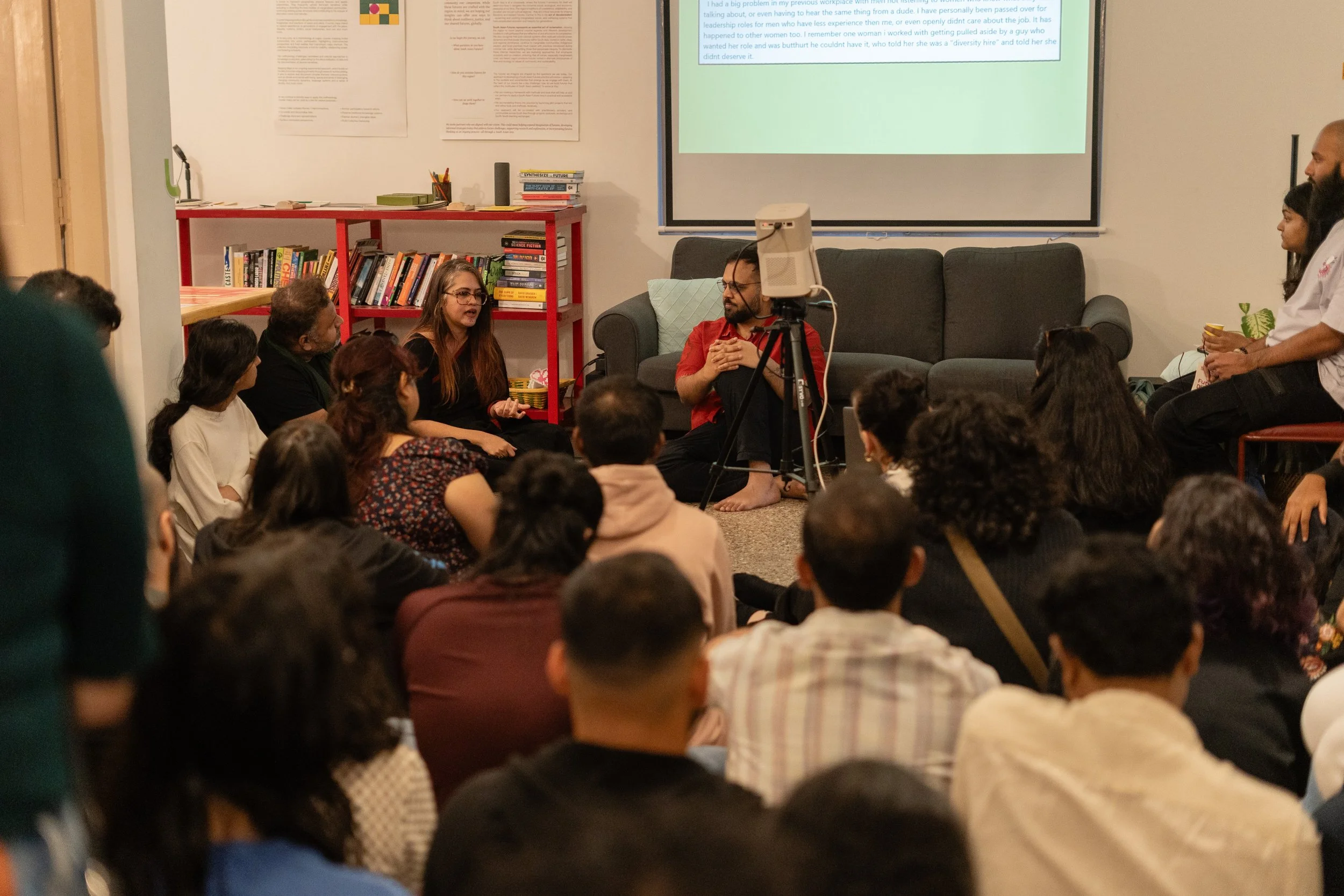 Community conversation at Lagori Collective's space in Bengaluru as part of Playgrounds of Power public programming, with practitioners from India's gaming ecosystem gathered in discussion.
