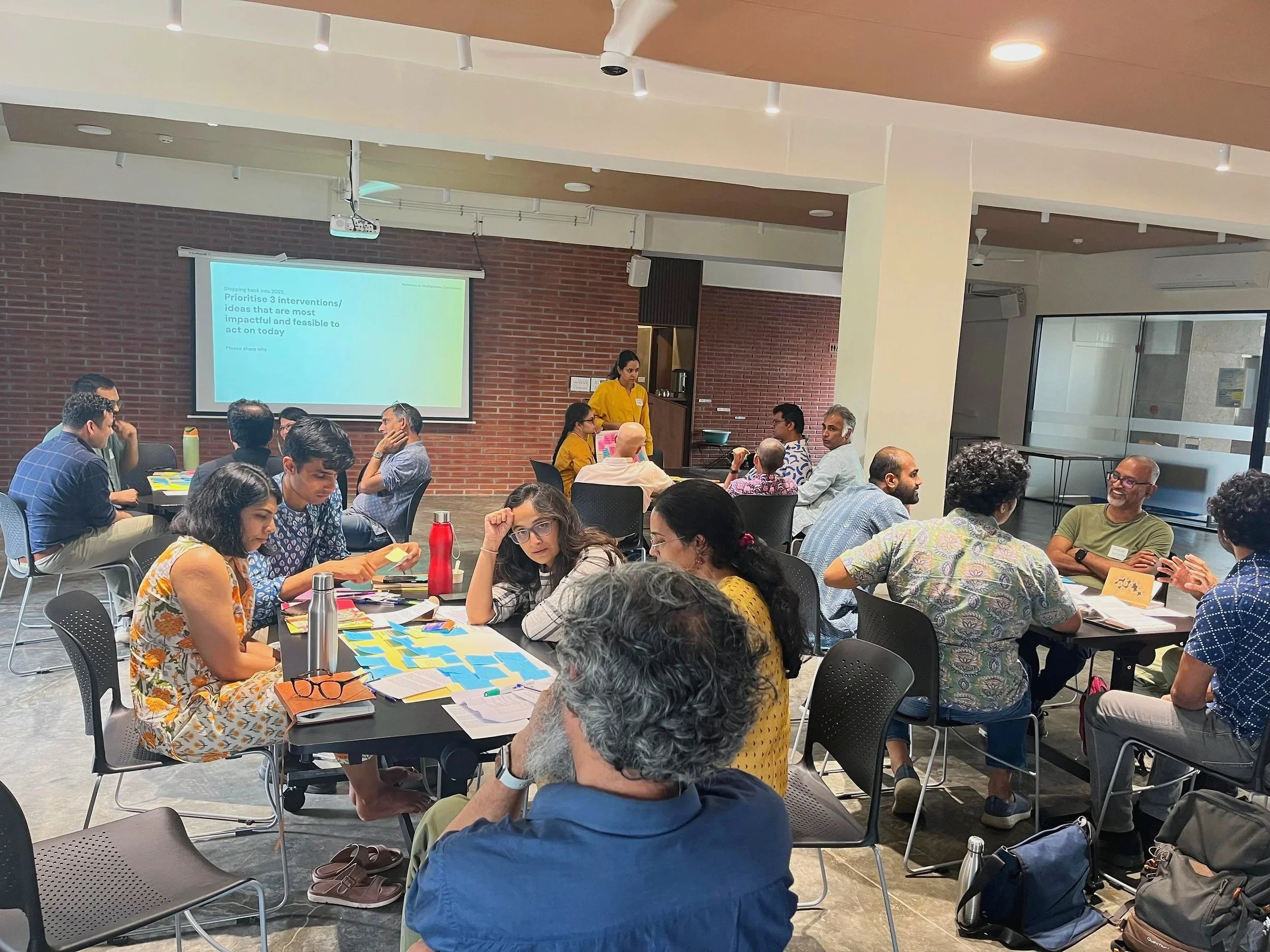 Interdisciplinary participants working in small groups with sticky notes during the Weaving Co-Existence convening by Lagori Collective using Future Back scenario-building to explore multispecies governance in South Asia.