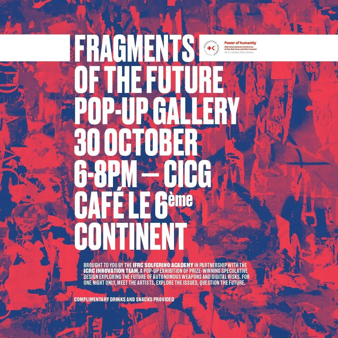 Event poster for Fragments of the Future Pop-Up Gallery at the 34th International Conference of the Red Cross and Red Crescent in Geneva, featuring Truth Nodes, a speculative design project by Lagori Collective and IFRC Solferino Academy.