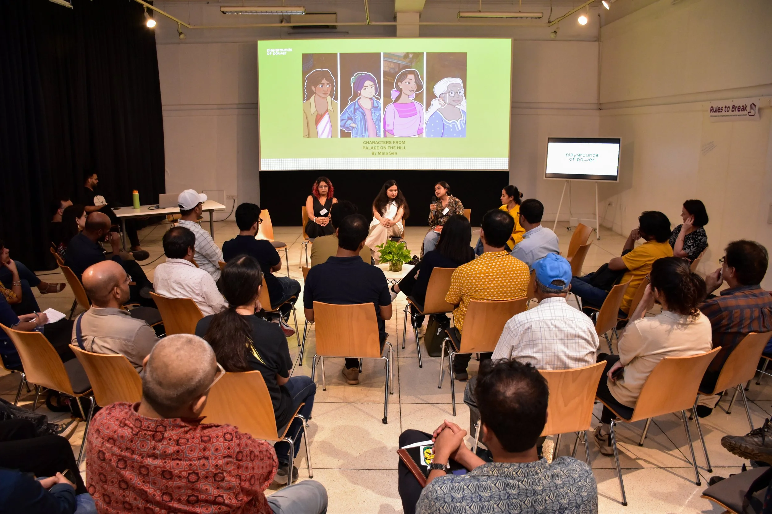 Panel discussion at a Playgrounds of Power public event by Lagori Collective and Goethe-Institut, with game designers and practitioners sharing experiences of gender and work in India's digital gaming industry.
