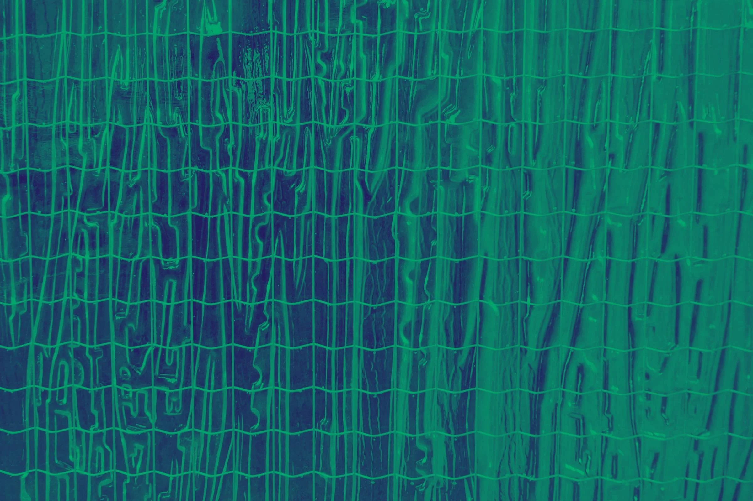 Close-up of a woven mesh surface with a green and blue duotone treatment, used as visual material for Counter Mapping, a participatory research practice by Lagori Collective on power, place, and alternate ways of knowing in South Asia.