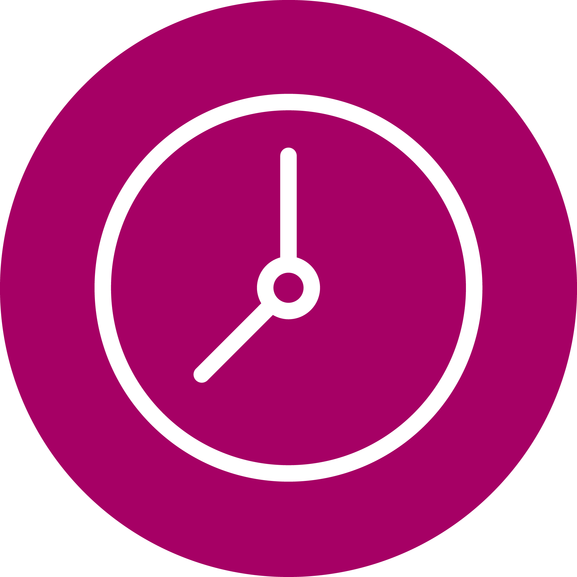 Illustration d'un symbole d'alarme ou d'alerte de couleur magenta avec une aiguille pointant vers 11h, sur un fond noir.