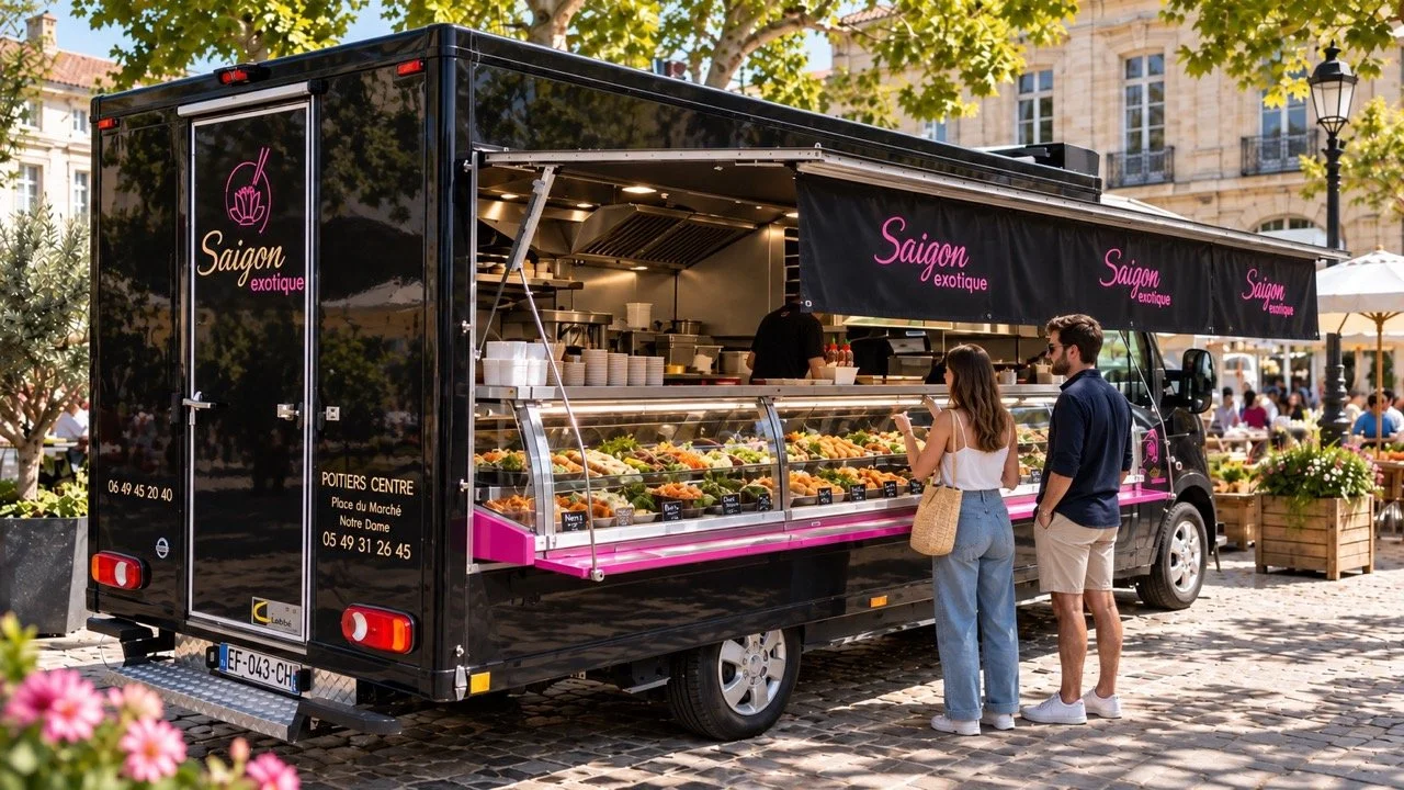 Une camionnette de marché en plein air vendant des légumes frais, avec deux personnes faisant leurs courses devant. La camionnette porte le nom "Saigon exotique".