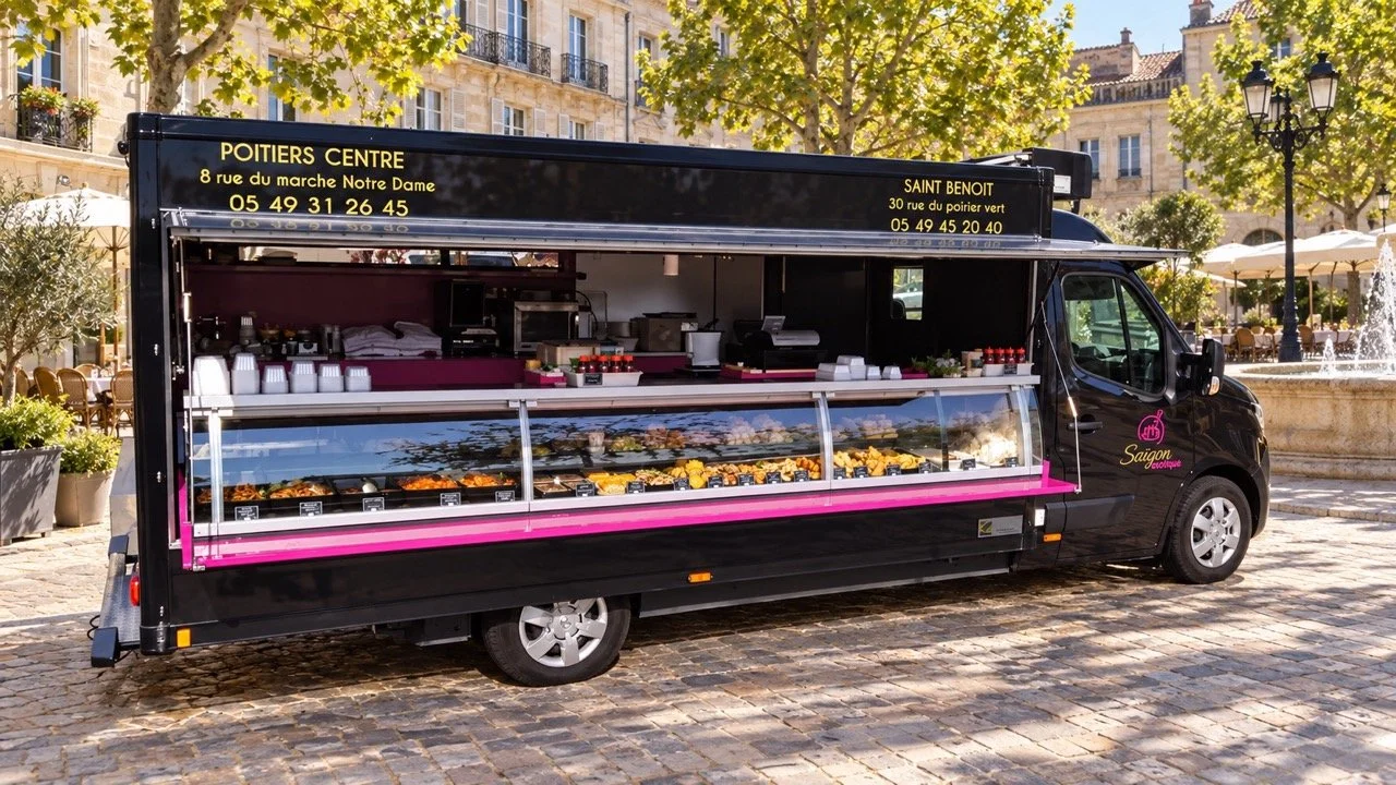 Camion de nourriture traiteur stationné sur une place pavée à Paris, avec des plats et boissons dans la vitrine.