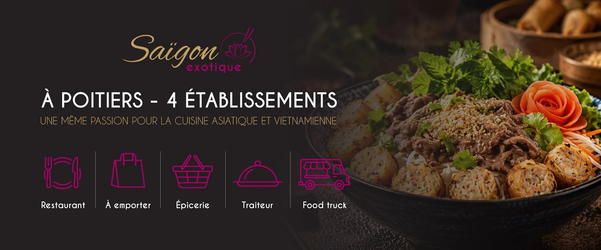Page promotionnelle d'un service de restauration proposant la cuisine asiatique et vietnamienne à Poitiers, avec un plat de viande, légumes, et rouleaux de printemps.