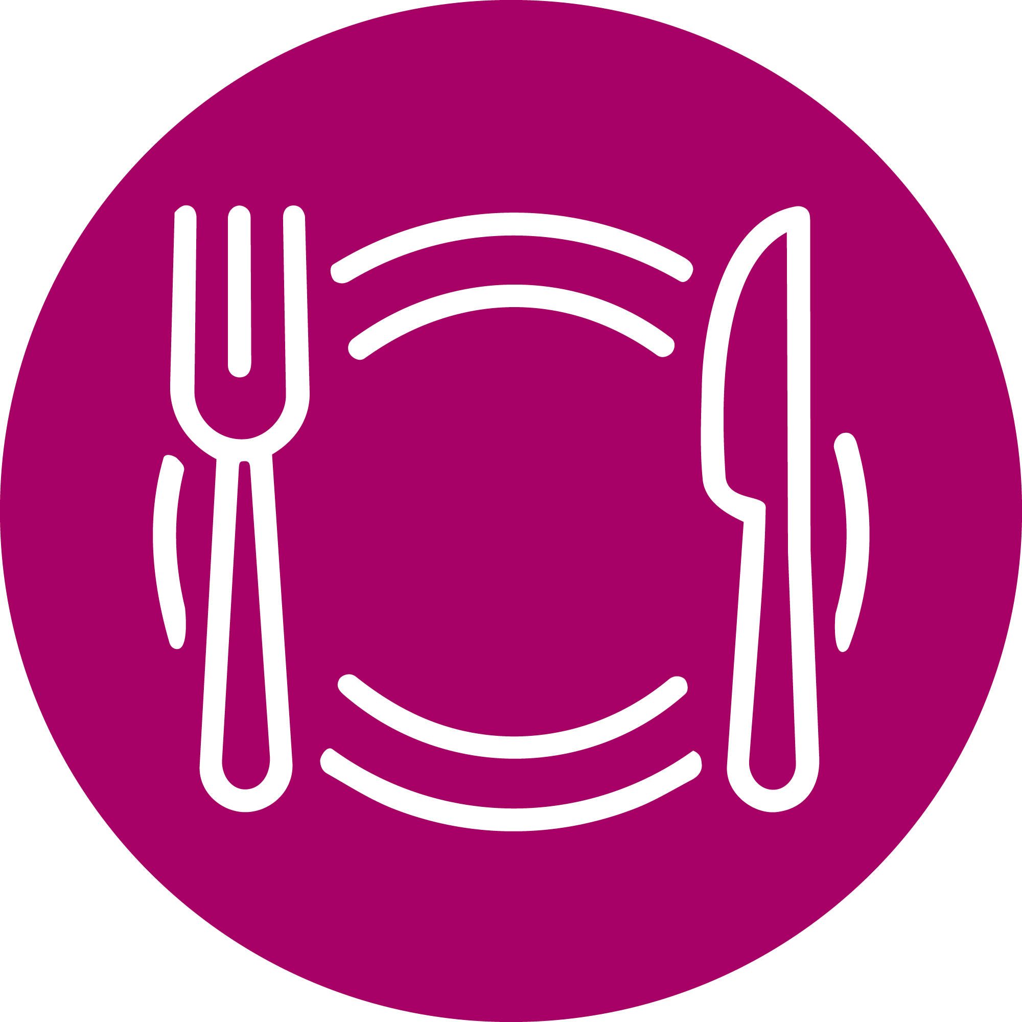 Icône stylisée d'une assiette avec couverts et une assiette à l'intérieur, de couleur violette sur fond noir.