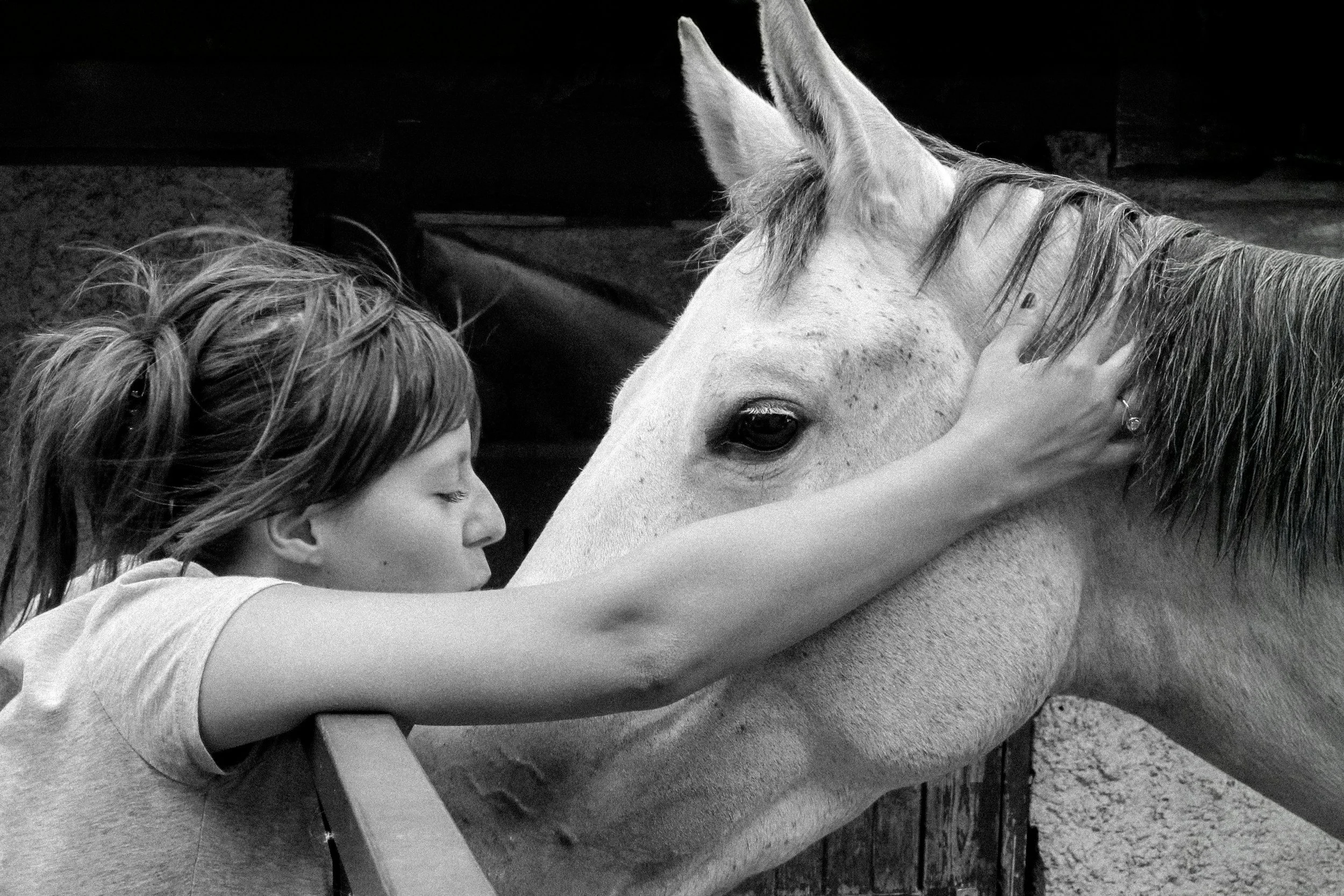 Une jeune fille avec les yeux fermés caresse la tête d'un cheval blanc.