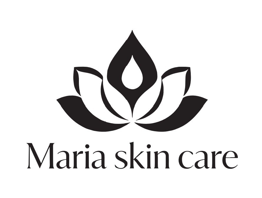 A black and white logo featuring a stylized lotus flower with a drop shape above it, and the text 'Maria skin care' below.