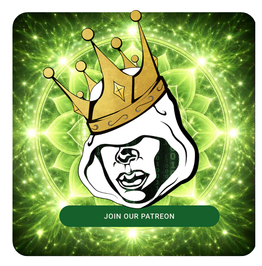 A graphic featuring a stylized black and white face of a hooded man with a digital matrix pattern on one side, wearing a golden crown, set against a vibrant green, psychedelic, fractal background, with a green button labeled 'Join Our Patreon'.