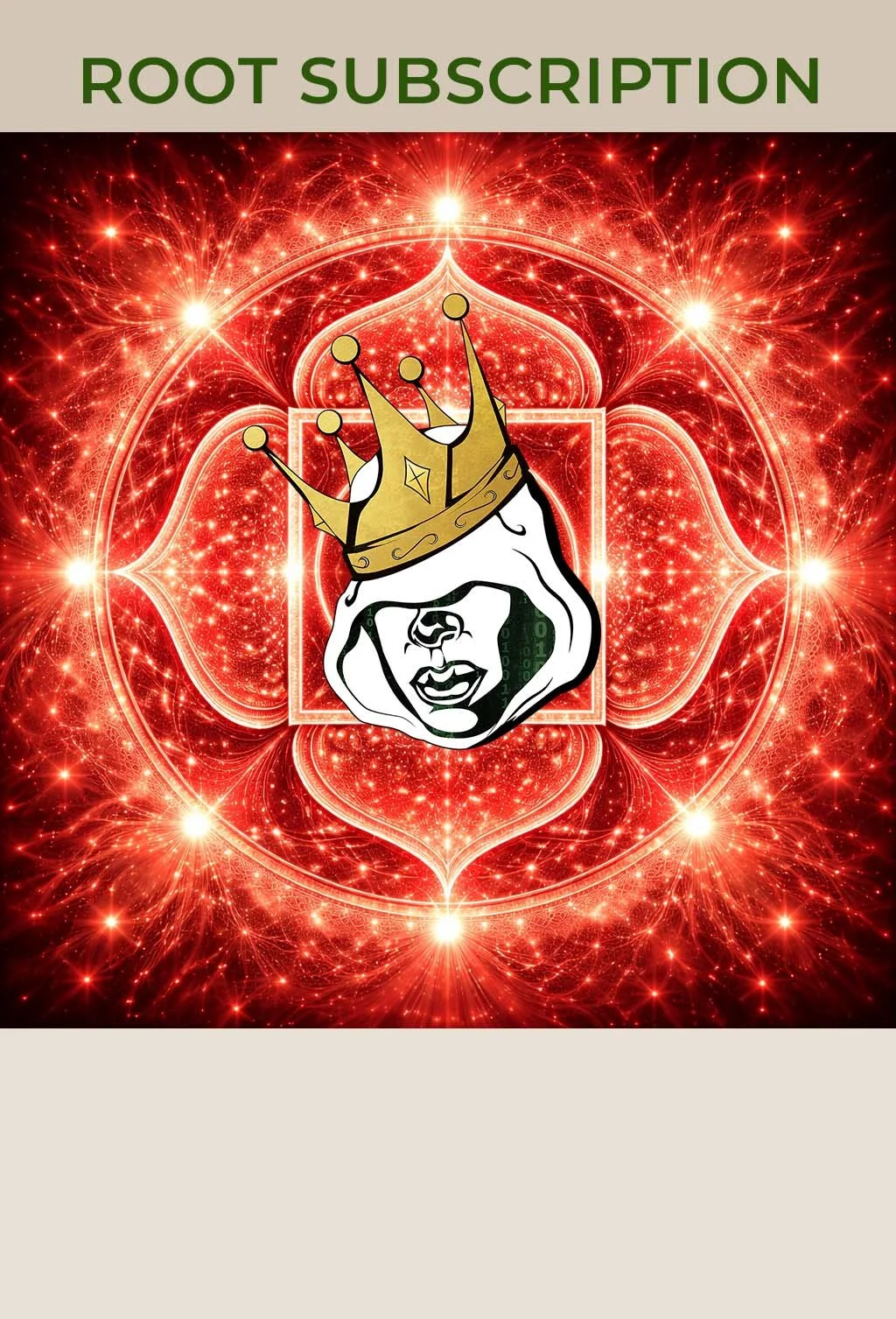 Digital artwork featuring a stylized face with a crown, set against a vibrant red, starburst, fractal background with the words "ROOT SUBSCRIPTION" above.