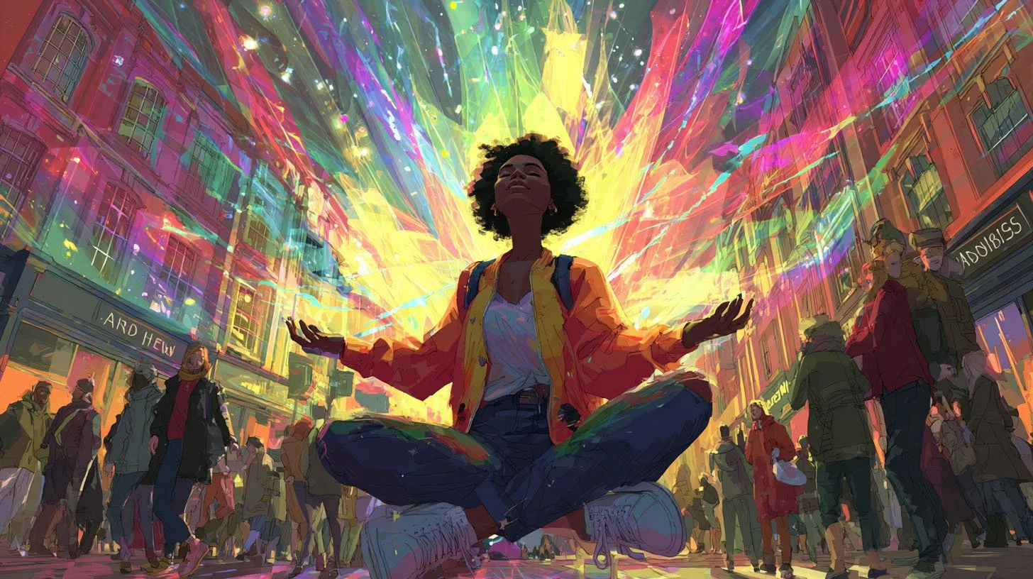 A woman sitting in a lotus position in the middle of a busy street, with colorful lights and a vibrant rainbow-like display behind her, creating a sense of calm amid the bustling crowd.
