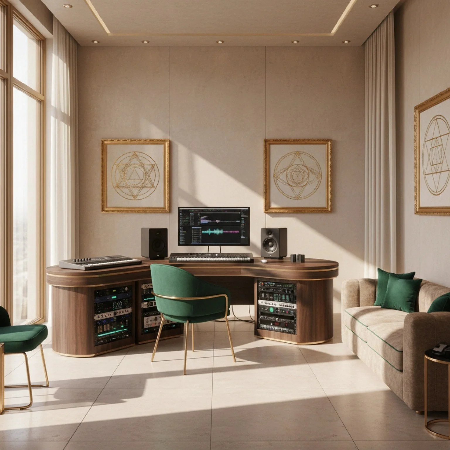 A modern music studio with a curved wooden desk, green chairs, a computer monitor, studio speakers, and various audio equipment. The wall has two framed geometric art pieces, and there's a beige sofa with green pillows to the right. Large windows with curtains allow sunlight into the room.