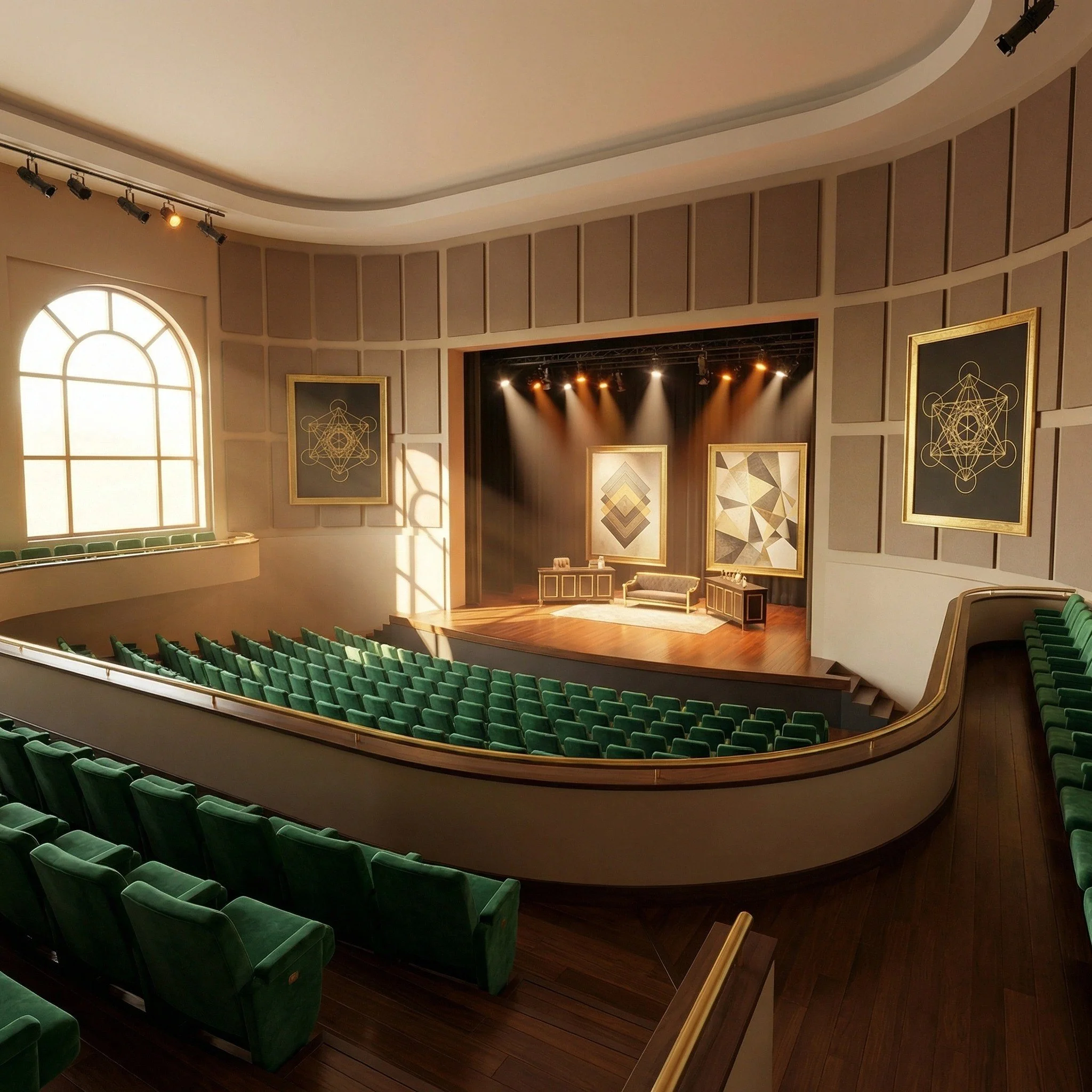 An auditorium with green theater seats arranged in a semi-circle, a stage with framed artwork on the walls, and stage lighting including spotlights and other fixtures on the ceiling.