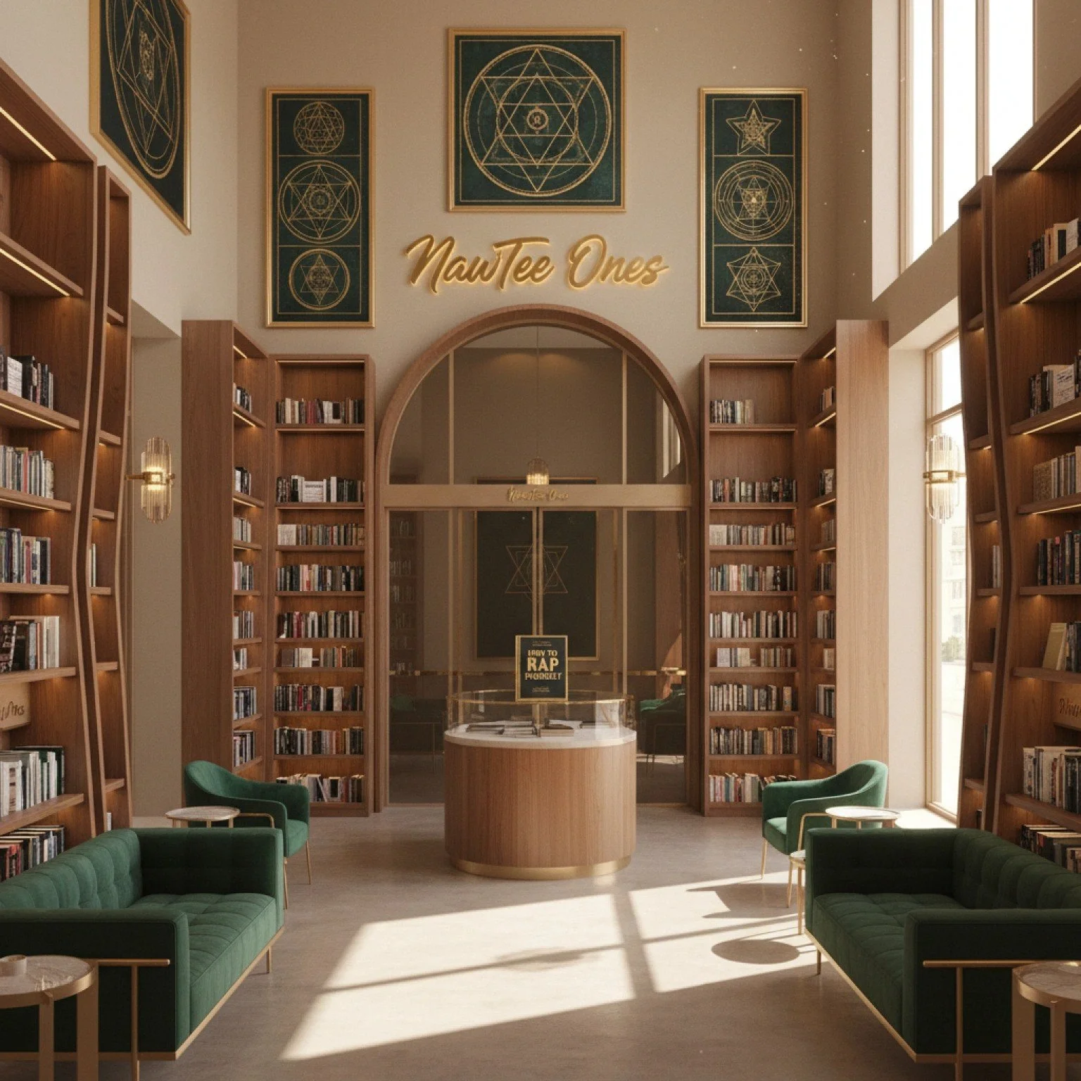 Interior of a modern bookshop with wooden shelves filled with books, green sofas, round tables, and a glass display case in the center. The wall above features framed geometric art and a neon sign that reads 'NaTee Ones'. There are large windows allowing natural light to illuminate the space.