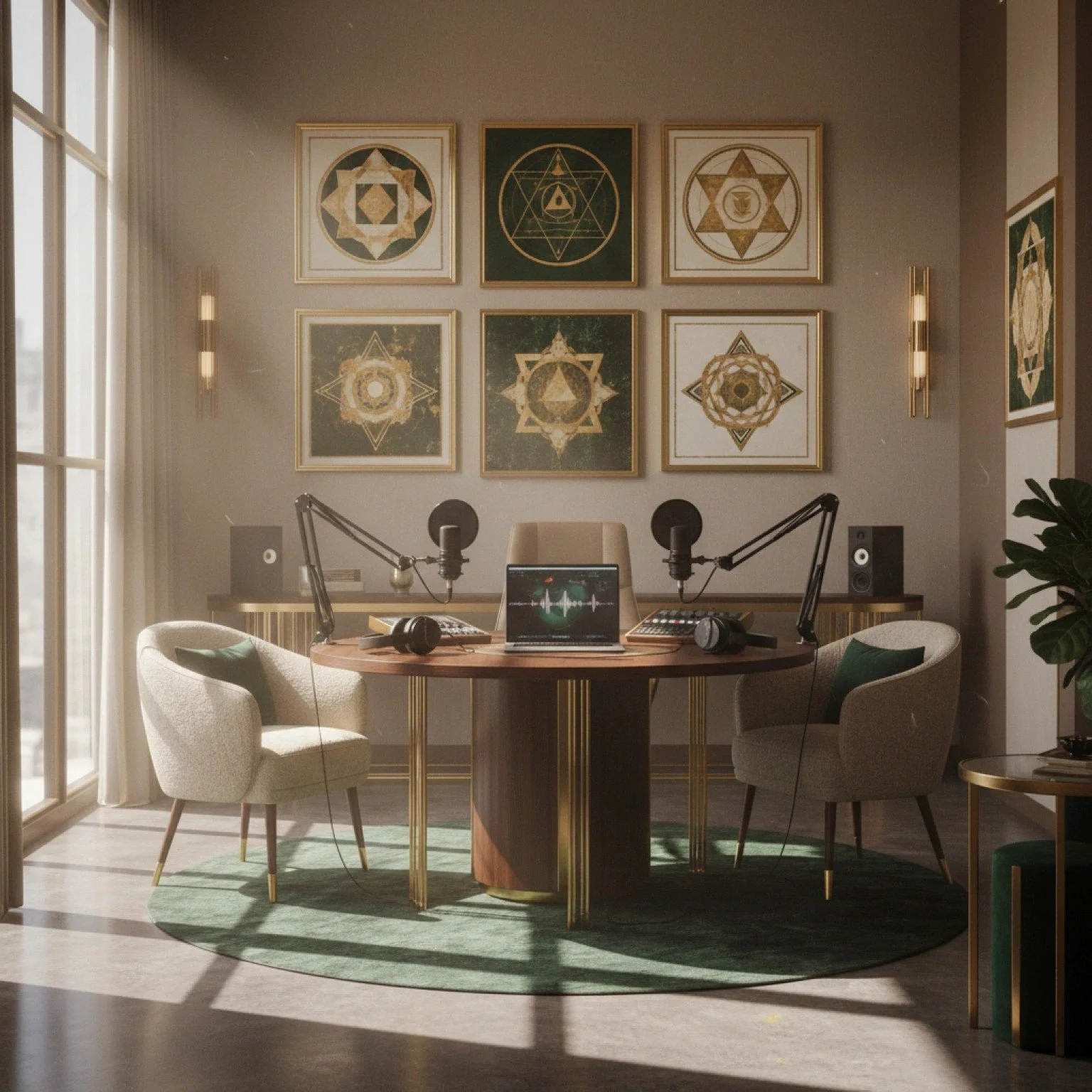 A podcast recording studio with a round wooden table, four chairs, microphones, a laptop, headphones, and sound equipment, with abstract art on the wall and natural light from large windows.