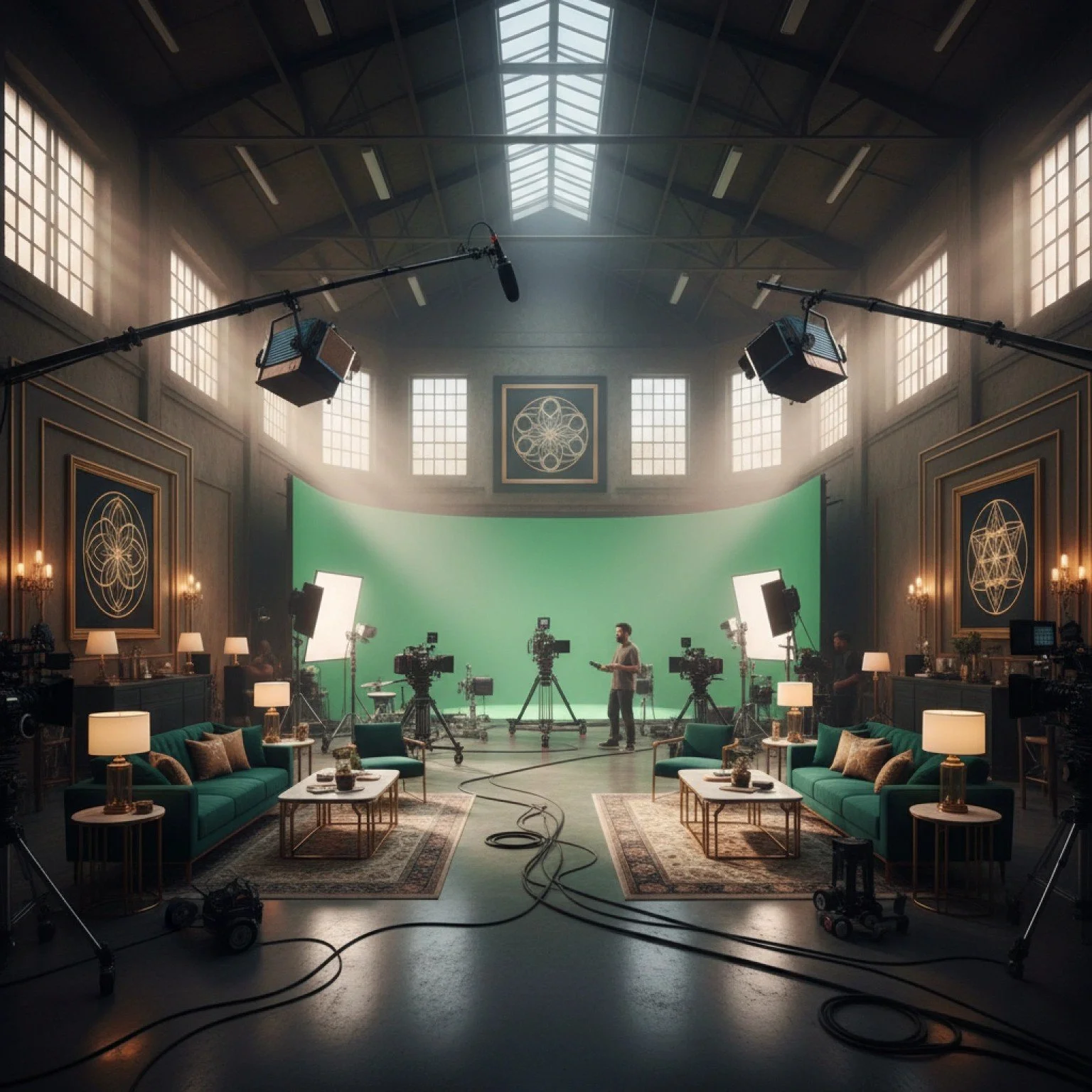 Film or video production studio with a large green screen, cameras, lighting equipment, and a crew setting up, located in a spacious room with high ceilings and large windows.