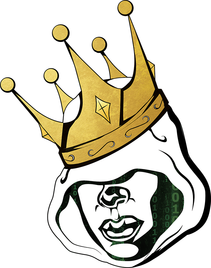 A stylized illustration of a man's face. He has a hoody on and is wearing a gold crown over it, set against a black background.